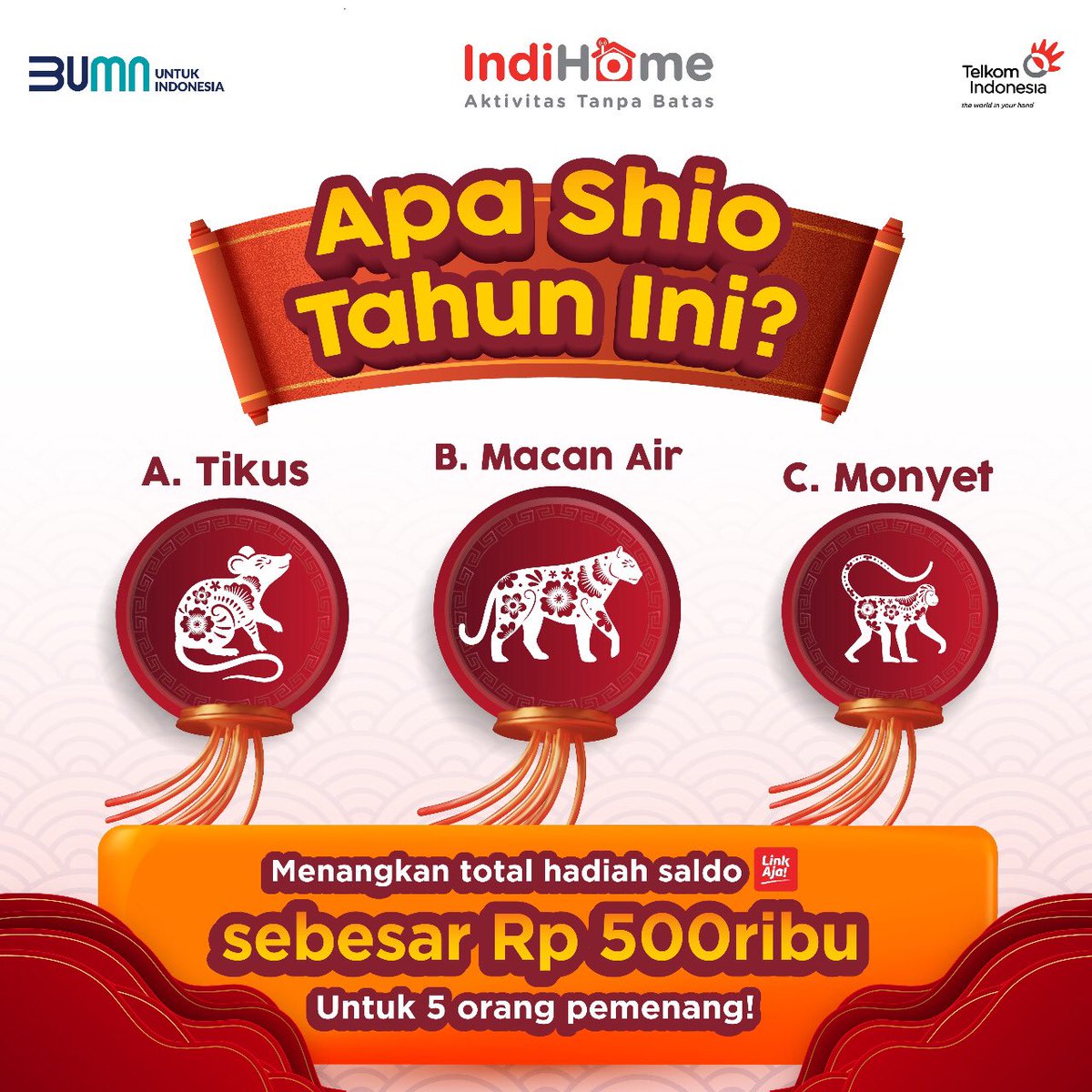 IndiHomeCare's tweet photo. Dalam rangka memeriahkan Tahun Baru Imlek 2022, IndiHome Care punya kuis spesial nih! 

Yuk, reply jawaban Kamu dan jangan lupa ajak 3 teman Kamu untuk ikutan juga, ya! 

Sobat yang beruntung akan mendapatkan total hadiah Rp500ribu, loh!🤩 https://t.co/1aWIhihHtN