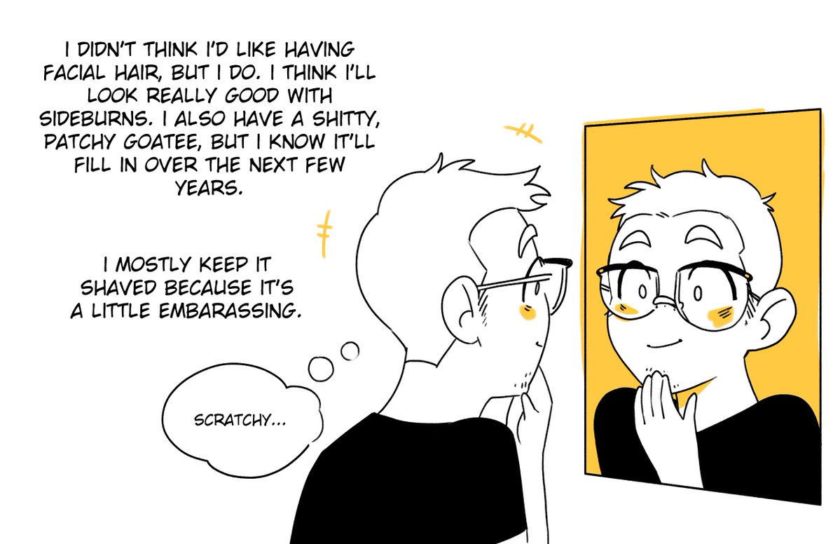 its hourly comics day and instead of trying to do journal comics like usual, i wanted to do a reflection on the past 5 months of being on testosterone 💛 #hourlycomicday2022 
part 1/6 (12am-3am) 
