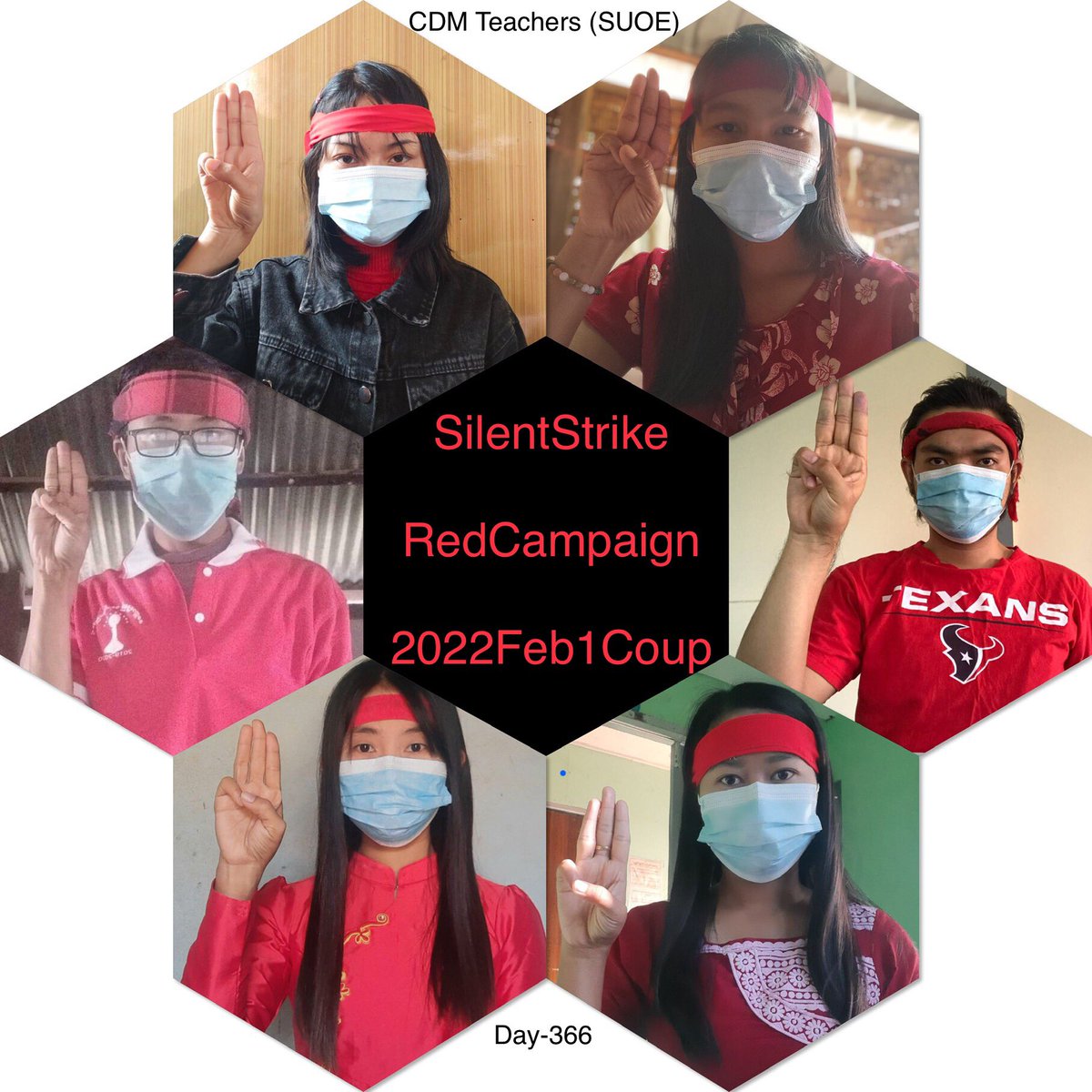 Zin83809202's tweet photo. 6 CDMer teachers from Sagaing University of Education staged an anti-coup domestic #SilentStrike &amp; #RedCampaign_1YearOfRevolution today. 🔴  #2022Feb1Coup  #WhatsHappeningInMyanmar https://t.co/BdYOO65gvG