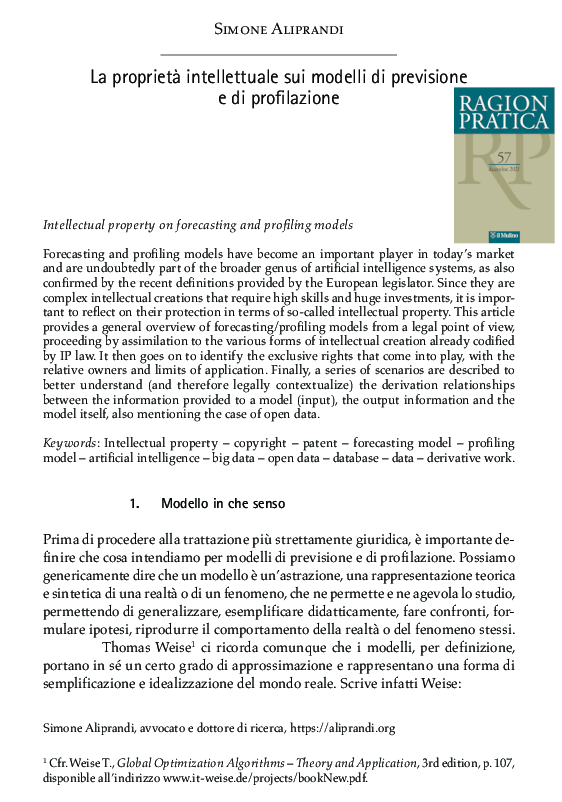 Pubblicato il mio articolo "La #ProprietàIntellettuale sui modelli di previsione e di profilazione" per il fasciolo “Governare l'#IntelligenzaArtificiale” della rivista Ragion pratica (IlMulino).
Qui aliprandi.blogspot.com/2022/01/propri… trovate abstract, indice e tutte le info. | #copyright