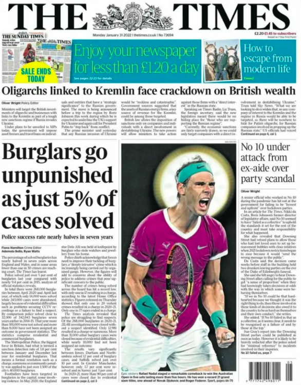 EmbSpainUK's tweet photo. Orgullosos de nuestro @RafaelNadal que gracias a su victoria en el @AustralianOpen, llenó las portadas de la prensa Británica en el día de ayer 🎾🇪🇸 https://t.co/PcCqJNQi20