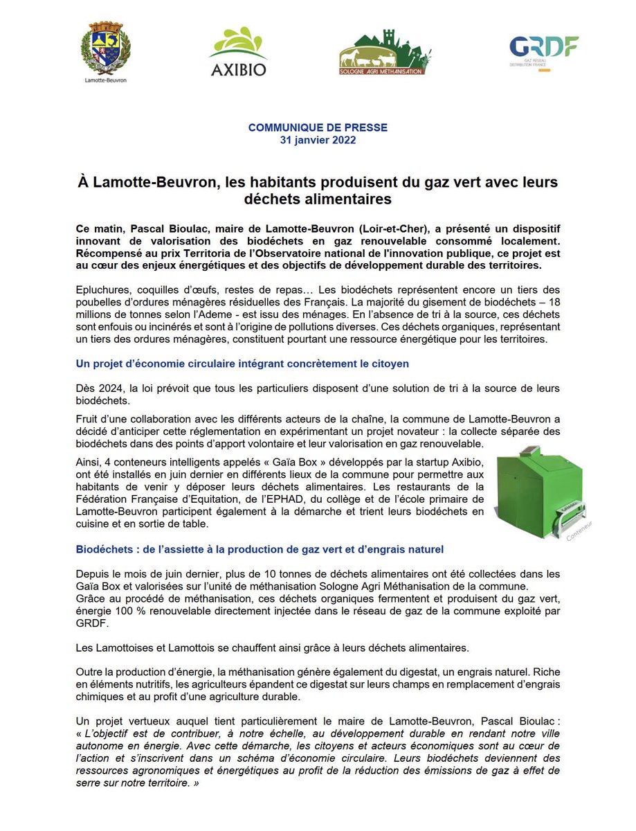 À #LamotteBeuvron, les habitants produisent du #GazVert avec leurs #déchets alimentaires. Un projet local innovant de valorisation en #GazRenouvelable, au cœur des enjeux énergétiques &amp; objectifs de développement durable des #territoires.
➡️ bit.ly/3IVa3jG #GRDF #Energie