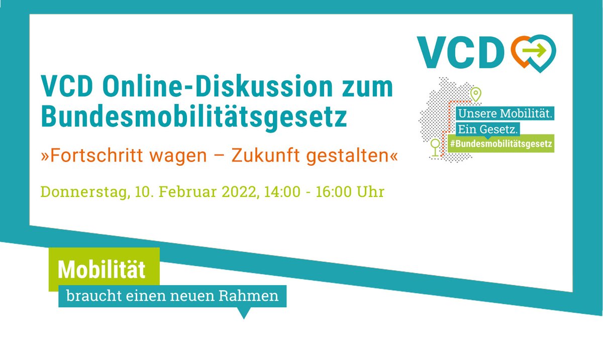 Die Mobilität von morgen lässt sich nicht mit Gesetzen von gestern gestalten!

Unsere Lösung: Ein #Bundesmobilitätsgesetz. 
Wie die Umsetzung gelingt, diskutieren wir am 10.02. mit Expert*innen und Politiker*innen.

Infos &amp; Anmeldung 👇
vcd.org/vcd-online-dis…