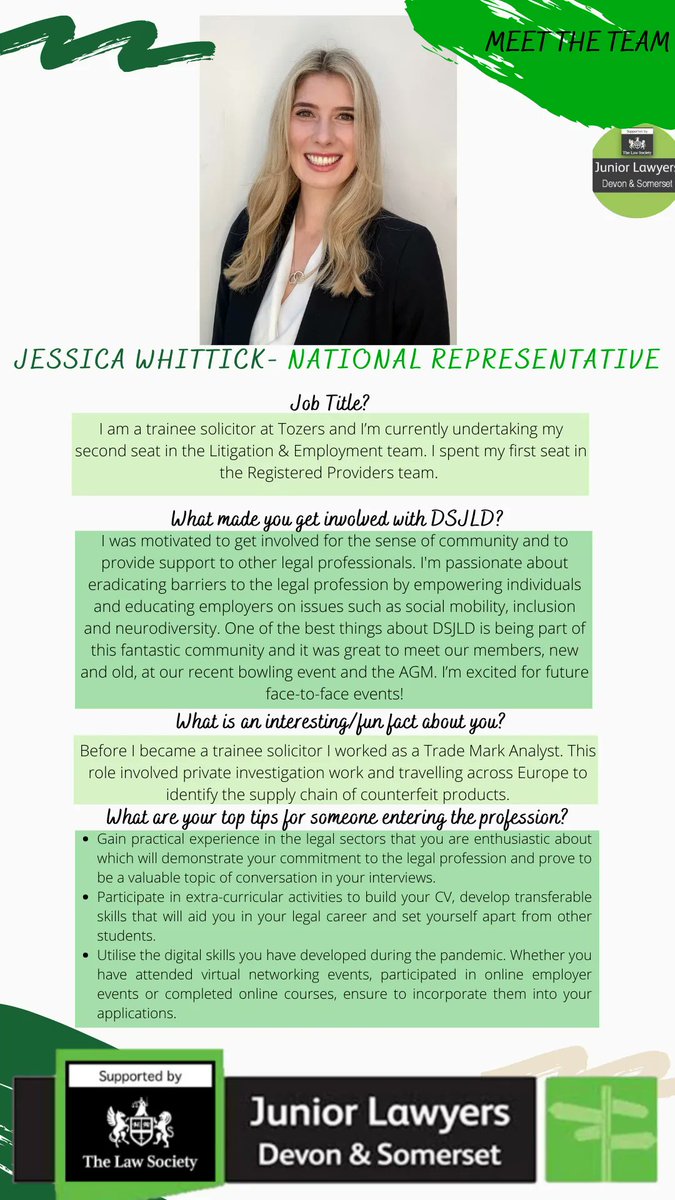 👋🏼 Continuing with our #MeetTheCommittee Q&A series is our National Rep, Jessica Whittick. 

📰 Keep up to date with latest news and events by signing up to our newsletter  

#qanda #meetus #dsjld #juniorlawyers #jld #NationalRep