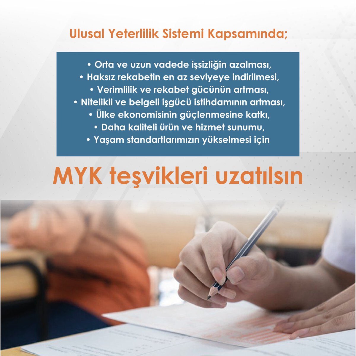 #MYKTeşvikleriUzatılırsa Zorunlu olan Mesleki Yeterlilik Belgelerinin alınması ve Nitelikli iş gücünün belgelendirilerek hizmet kalitesi ile standartların yükselmesi sağlanacaktır. 

MYK Teşvikleri uzatılsın, iş gücü belgelensin. 
<a href="/RTErdogan/">Recep Tayyip Erdoğan</a>
<a href="/vedatbilgn/">Vedat Bilgin</a>
<a href="/fahrettinaltun/">Fahrettin Altun</a>