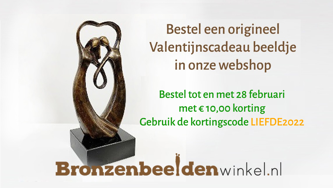 Bij bronzenbeeldenwinkel.nl is het de maand van de liefde! Schenk een liefde beeldje voor een huwelijk of voor Valentijn. Nu tijdelijk met € 10,00 korting. #valentijn2022 #valentijnsdag #huwelijkscadeau