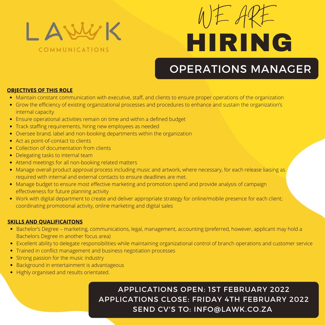 Lawk_Comm's tweet photo. We are hiring 🚀🚀🚀

#lawkcommunications #lawk #employment https://t.co/xQtsgBCM7a