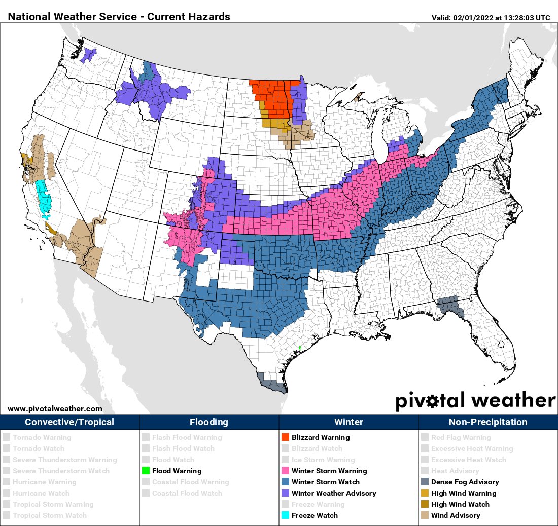Blizzard Warning is in effect for parts of eastern North Dakota and western #Minnesota. Traveling is not recommended. Winter storm warnings and winter weather advisories are also in effect for parts of the central and southern U.S. Use extra caution if you are traveling. https://t.co/PT55UrPiPe