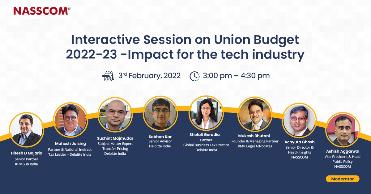 NasscomPolicy's tweet image. Join us in decoding #Budget2022 and its implications for the #IT industry.
Register Here: tinyurl.com/2p8svwyb

@AA_speaks @gajaria @jaising_mahesh
@GoradiaShefali @mukeshbutani
@achyutaghosh @AA_speaks

@nasscom @debjani_ghosh_
