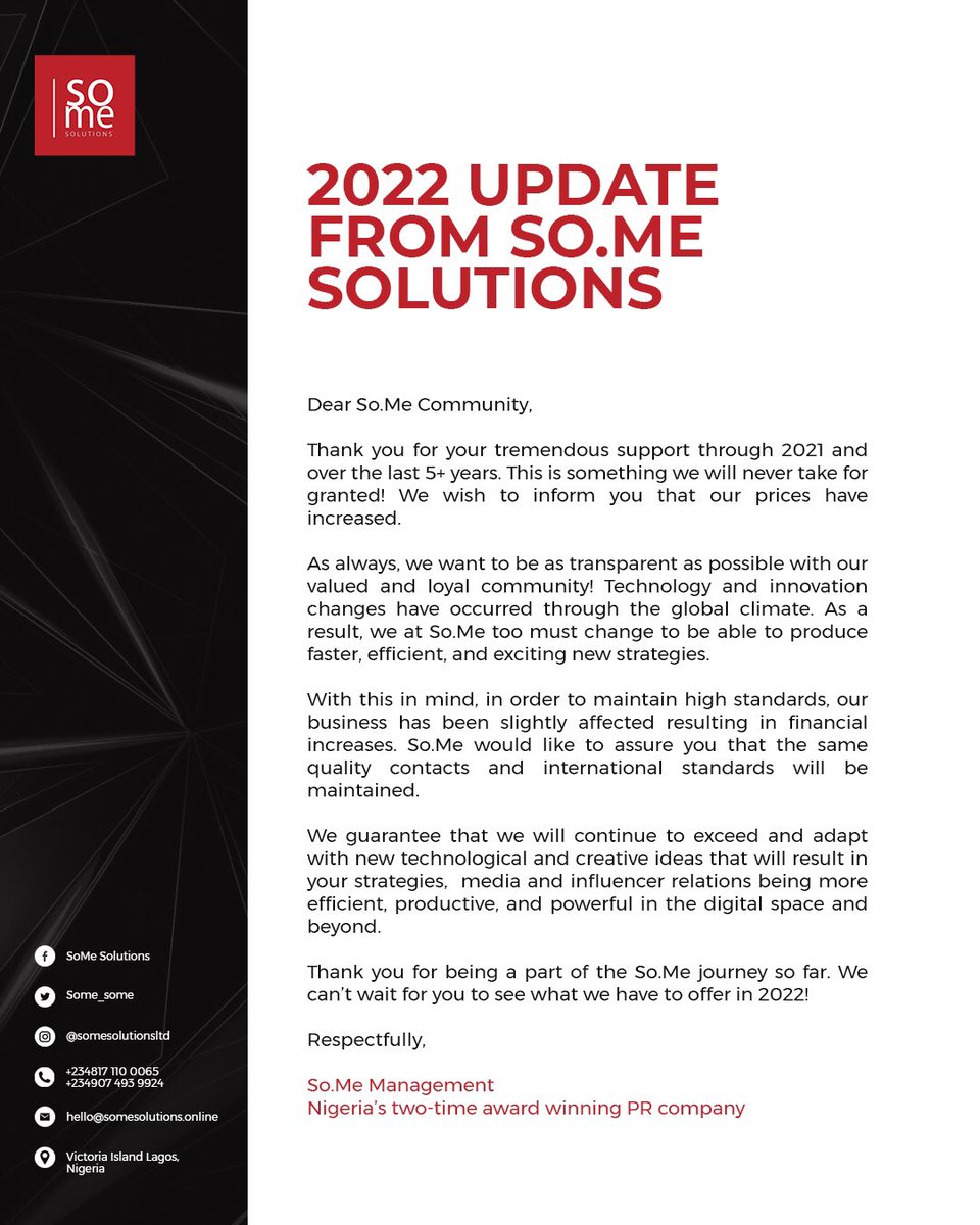 Social_SOME's tweet photo. Dear https://t.co/rJ3M2TEqd0 Community,
We’re ready to serve you better this year! 💪🏽
Here’s a very important update from our end. Thank you very much for your support over the years. We look forward to crushing more PR goals with you this year!
#SoMeSolutions #Updates #PR https://t.co/Cw6bXRKG6S