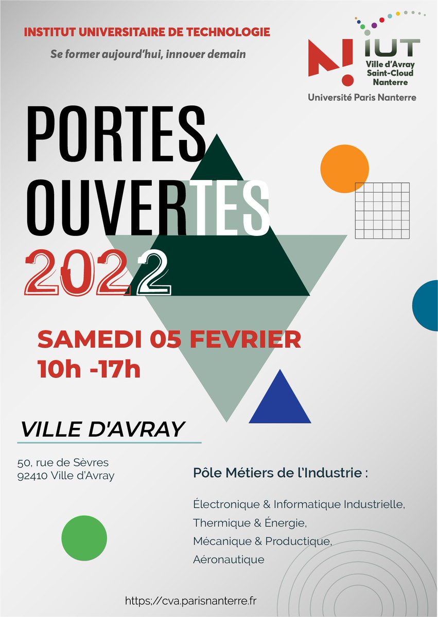 Journée Portes Ouvertes spéciale Métiers de l'industrie <a href="/iutvda/">IUT de Ville d'Avray</a> . C'est le samedi 5 février de 10h à 17h. Venez découvrir nos Bachelor Universitaire de Technologie et nos Licences Professionnelles.
En savoir plus et préparer votre venue⤵
cva.parisnanterre.fr/accueil/agenda…