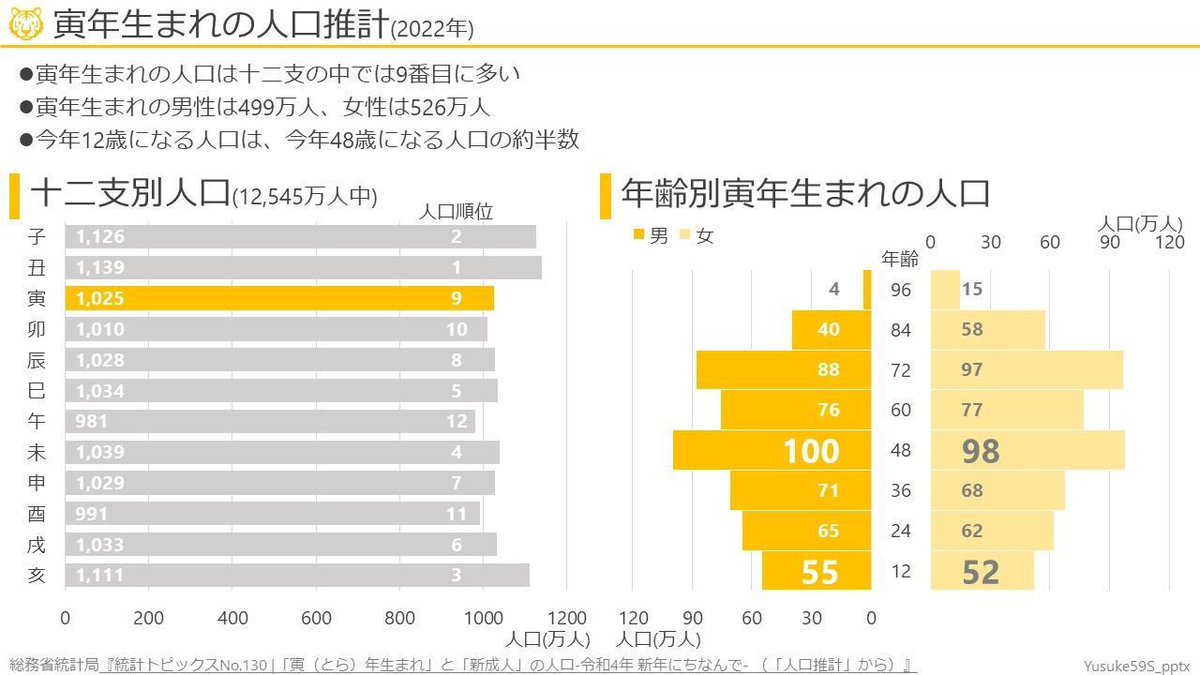 Yusuke59S_pptx's tweet photo. 2月以降、干支の話をする人がいなくなるので、総務省統計局のデータをブラッシュアップしてみました。

図表だけでなく、メッセージもより伝わるようにアレンジしてます！

https://t.co/Gnuk2SyjgJ

#パワーポイント #図解 #ブログ仲間と繋がりたい #ブログ書け https://t.co/xqlij1VtAO