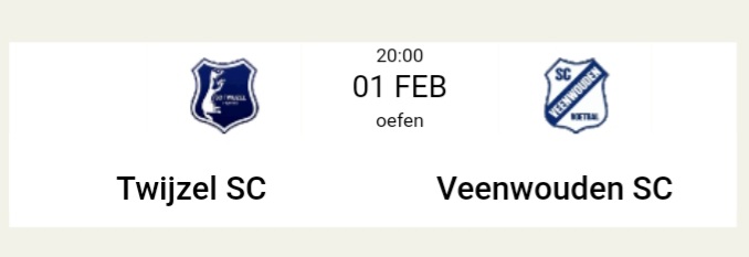 Vanavond staat er weer een oefenwedstrijd op het programma voor SC Twijzel 1. Op eigen veld word er om 20:00 afgetrapt tegen <a href="/SCVeenwouden/">SC Veenwouden</a> 1. 
Publiek is natuurlijk van harte welkom!