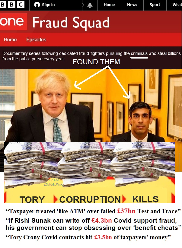 MiddxMinxx's tweet photo. BBC1 show 'Fraud Squad' started with this intro:
"People who defraud the public purse are despicable."
Yes, so why isn't every show nailing these two barefaced criminals? #BBCFraudSquad
#ToriesOut #JohnsonOut8 #ToryCorruption #ToryCriminals #ToryCriminalsUnfitToGovern https://t.co/K2bL4BcDDU