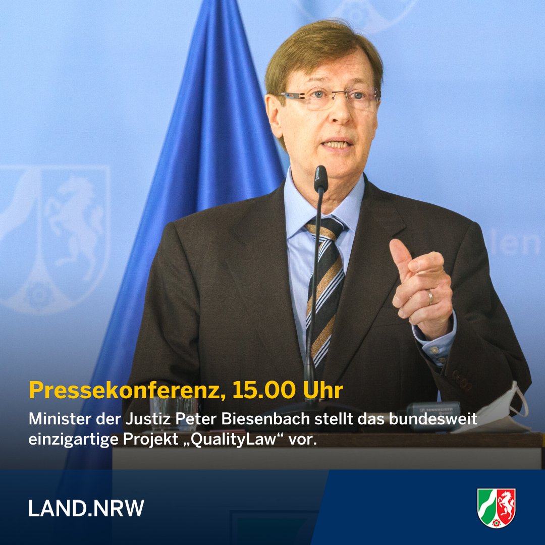 landnrw's tweet photo. Heute, 15.00 Uhr, live: Minister Biesenbach stellt das bundesweit einzigartige Projekt „QualityLaw“ vor. Dabei geht es unter anderem um die Bündelung von gerichtlichen Kompetenzen bei Schwerpunktgerichten. @JM_NRW https://t.co/JjOxAL8Ljw