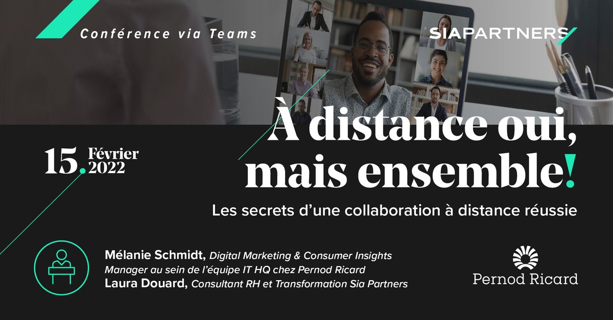 SiaPartnersFR's tweet image. Comment optimiser la collaboration à distance au sein de votre organisation ? Retrouvez Mélanie Schmidt, Manager chez Pernod Ricard &amp;amp; Laura Douard, Consultante chez Sia Partners lors du webinaire “À distance oui, mais ensemble!” le 15 février à 13h30 : bit.ly/3HeNWEu