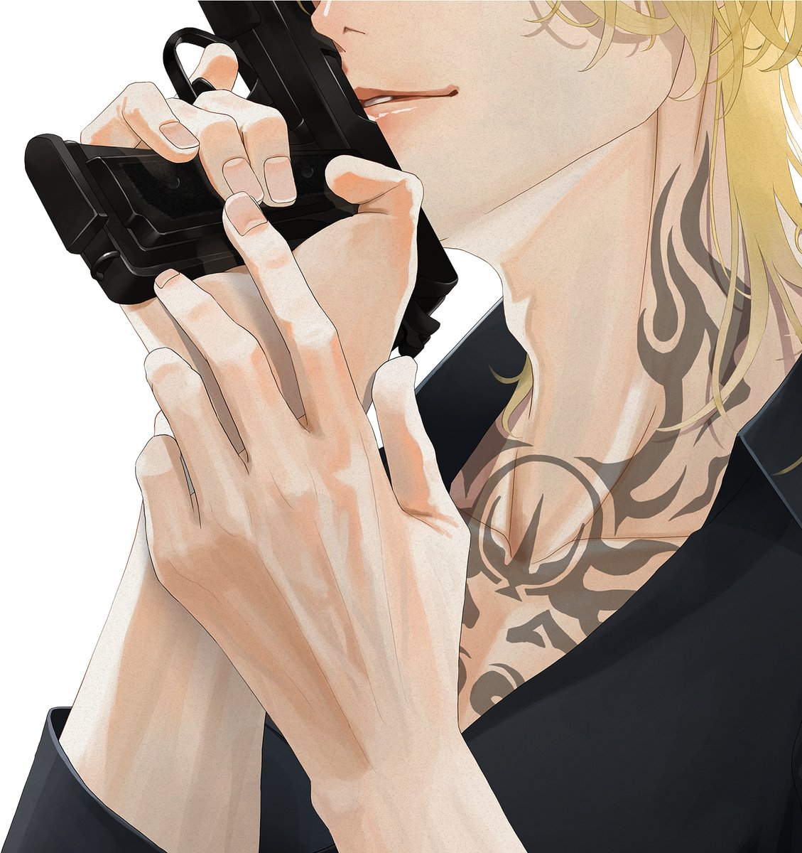 weapon 1boy gun male focus blonde hair holding weapon holding  illustration images