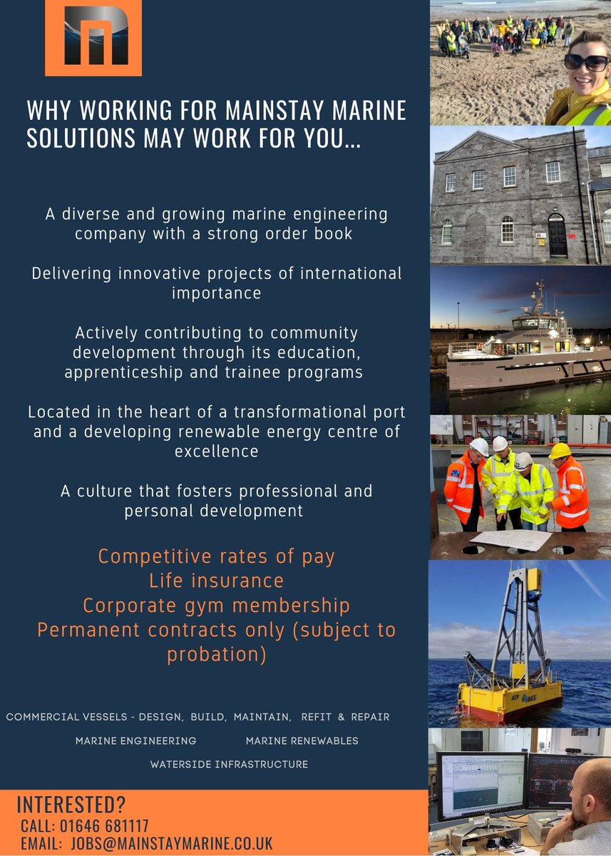 Mainstay_Marine's tweet image. We are #hiring in a range of disciplines...but why Mainstay?

➡️A diverse and growing marine engineering company with a strong order book 

➡️Delivering innovative projects of international importance

➡️A culture that fosters professional and personal development