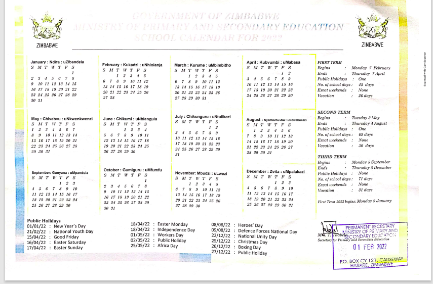 MoPSEZim's tweet photo. Following the announcement by the Govt that schls can open from 7th of Feb, @MoPSEZim has released the new schl calendar as follows:
Term 1 07/02/2022- 07/04/2022
Term 2 03/05/2022- 04/08/2022
Term 3 05/09/2022- 08/12/2022 @UNICEFZIMBABWE @StarfmZimbabwe @ProgressiveOf @zimta01 https://t.co/Ny2e7xKTeZ
