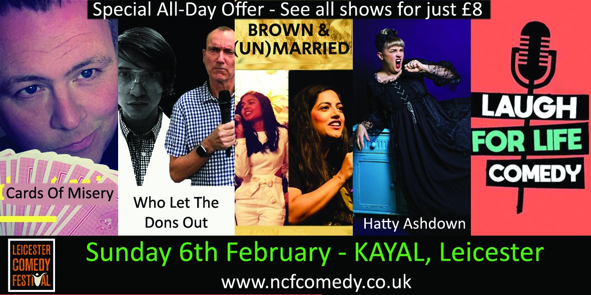 NCFComedy's tweet photo. This Sunday at Kayal. Part of @LeicsComedyFest: 

Cards of Misery https://t.co/6fmSVh2fLc
Who Let the Dons Out? https://t.co/ZmkUft8xOp
Yazzy Yaz &amp; Nabz Pat https://t.co/SPW4EYY2h8
Hatty Ashdown https://t.co/utdS9bvBay
Laugh For Life A Comedy/Charity Event https://t.co/7TNl9Albt6 https://t.co/69THd4gpzA