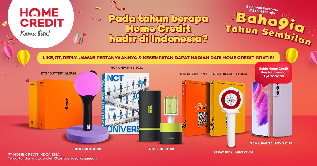 homecreditid's tweet photo. Annyeonghaseyo! Home Credit bagi-bagi hadiah spesial 9 tahun! 🥳

Cara ikutan:
1. WAJIB follow @homecreditid 
2. RT &amp; like tweet ini
3. Reply jawaban kamu &amp; sebutkan hadiah yang kamu inginkan pakai hashtag #BahagiaTahunSembilan SEBANYAK-BANYAKNYA

Good luck! #MerchandiseKPOP https://t.co/ZzbN4Iqzeq