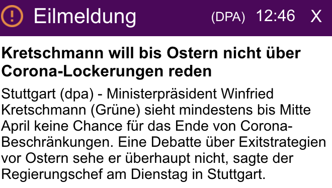 Während Bremens Bürgermeister #Bovenschulte eine gemeinsame Vorbereitung der Länder auf kommende #Lockerungen der #Corona-Regeln fordert, blockt Baden-Württembergs Ministerpräsident #Kretschmann nun ab: Vor #Ostern sehe er keine Chance auf eine Debatte über Exitstrategien <a href="/welt/">WELT</a>