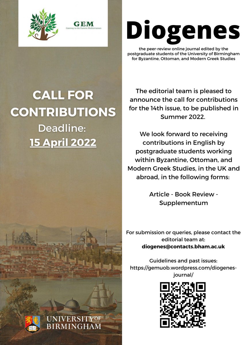 📢The editorial team of our students' journal, #Diogenes is proud to announce the #CallforContributions for the 14th issue, to be published in summer 2022. Deadline: 15 April 2022 @CAHAPGForum @CAHA_UoB @RosettaJournal @theBRIHC @SPBSUK 🔗gemuob.wordpress.com/diogenes-journ…