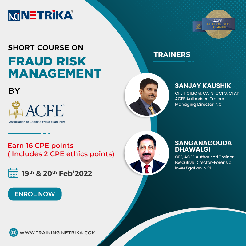 Netrika_PvtLtd's tweet photo. Netrika Consulting India, in association with ACFE, has organized a FRM online workshop on
19th & 20th February'2022
Get a chance to renew your CFE certification & Earn 16 CPE points.
Register now
https://t.co/SOJg22nun1
#netrikatrainings #cfe #acfe #acfeauthorized https://t.co/GELl8kVYno