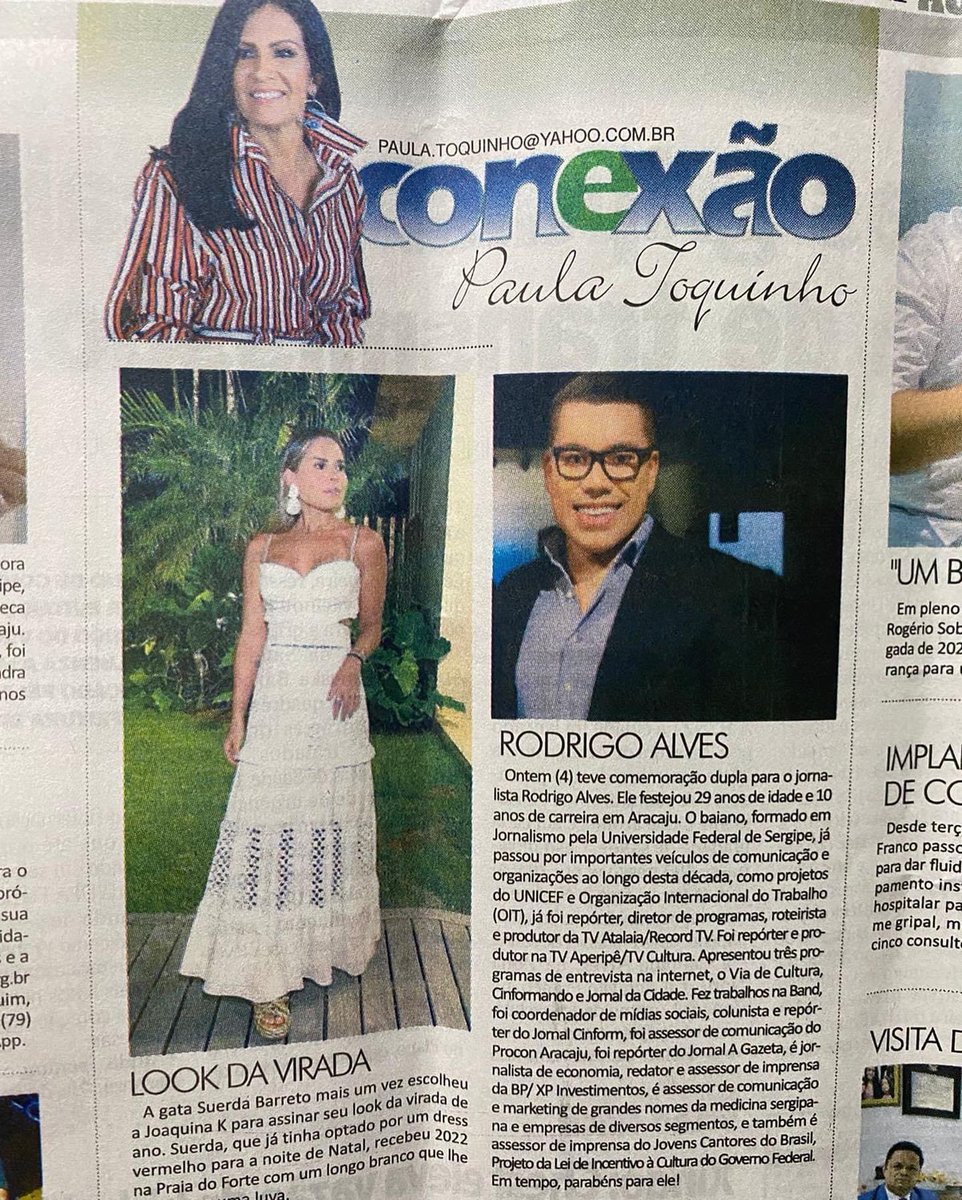 rodrigoalvestv_'s tweet photo. 🗞 Minha idade nova e meus 10 anos de carreira no jornalismo em Aracaju foram destaque no Jornal Correio de Sergipe na coluna da minha querida amiga e grande Jornalista Paula Toquinho, que honra! #rodrigoalvesjornalista #jornalistarodrigoalves #rodrigoalves https://t.co/TxZPqn7GFI