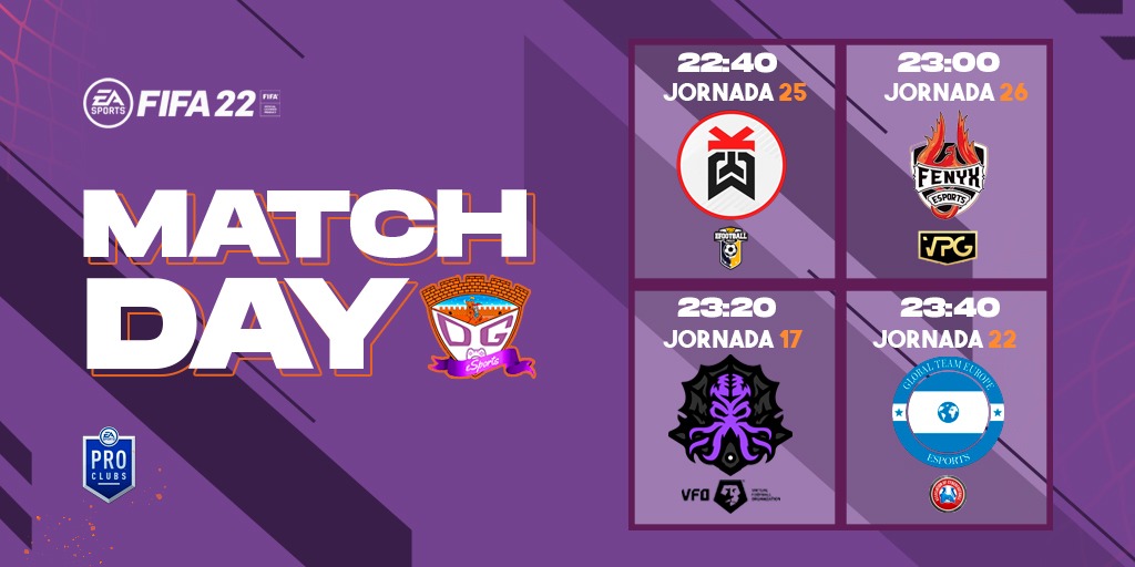 🏟 𝗠𝗔𝗧𝗖𝗛𝗗𝗔𝗬

⏰ 22:40
🆚 @DBKCodeFIFA
🏆 J.25 @PLGeFootBall

⏰ 23:00
🆚 @FenyxeSports_CP
🏆 J.26 <a href="/VPG_Spain/">Virtual Pro Gaming España</a>

⏰ 23:20
🆚 @PRXClubesPro
🏆 J.17 <a href="/VFOspain/">VFO España</a>

⏰ 23:40
🆚 @GTE_eSports
🏆 J.22 <a href="/ACF_Spain/">ACF Spain</a>

Sigue los partidos 𝗘𝗡 𝗗𝗜𝗥𝗘𝗖𝗧𝗢 👇

📹 twitch.tv/DxGuada_eSports