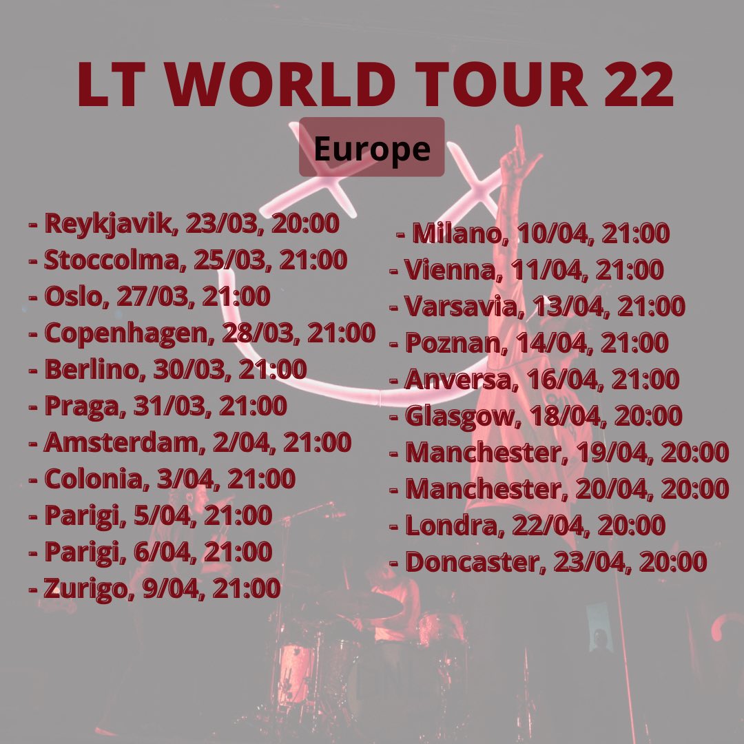 LT91UPDATESIT's tweet photo. IT’S OFFICIAL! 🎉
@Louis_Tomlinson oggi inizierà ufficialmente #LTWorldTour22! ❤️‍🔥

Eccovi qui tutte le date e i relativi orari (fuso orario italiano) per sapere dove e quando si esibirà Louis! 

SMASH IT LOUIS! ❤️
#LouisTomlinsonWorldTour2022 https://t.co/atHIsIA9hJ