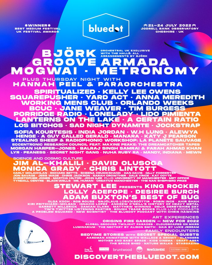 🚀 BLUEDOT 2022 REVEALED 💙  On sale FRIDAY 10AM – discoverthebluedot.com  A family weekend of music, science and cosmic culture, beneath Cheshire’s iconic Lovell Telescope...  For the chance to WIN 4 VIP weekends, RT and follow @bluedotfestival! Winners picked Feb 3rd.  Line-up includes Björk with The Hallé orchestra, Groove Armada, Mogwai, Metronomy, Hannah Peel & Paraorchestra, Spiritualized, Kelly Lee Owens, Squarepusher, Yard Act and Anna Meredith.  Science and culture line-up includes Jim Al-Khalili, David Olusoga, Monica Grady, Chris Lintott, Stewart Lee presents King Rocker, Lolly Adefope, Desiree Burch and Adam Buxton presents Bug.