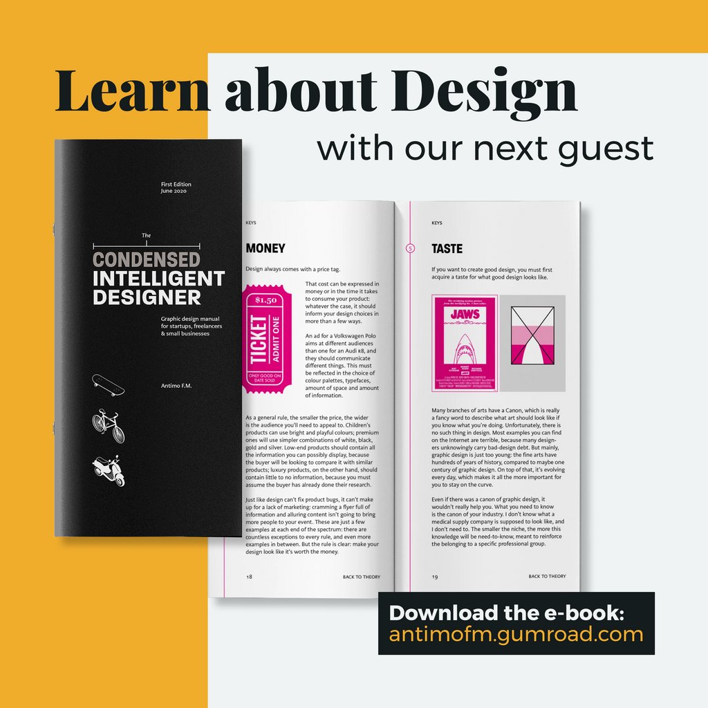 design_everyone's tweet photo. Good news, bad news.

Good news: you can start learning from @antimoFM on Design, before his episode comes out. 🥳

Bad news: his episode was supposed to be out today, but will only go live tomorrow.

E-book Download: https://t.co/FsV7DXRBb9

#Design #Podcast #DesignIsForEveryone https://t.co/xdOywQ352c