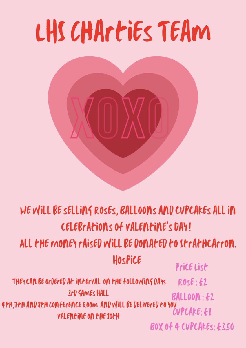 lhscharities_la's tweet photo. Hey guys
Thursday the 3rd to the 8th of February we will be selling roses, balloons and cupcakes these will be delivered on the 10th
We will be doing a tannoy tomorrow
Wednesday 2nd for more information❤️ https://t.co/0dPAIYa1xq