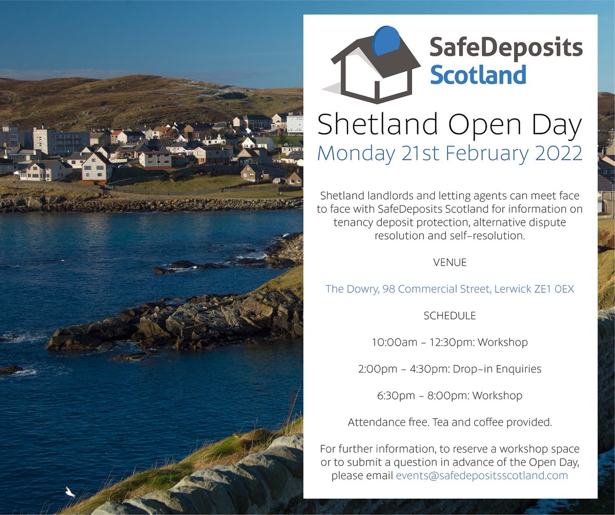SafeDeposits's tweet photo. We're delighted to be recommencing in-person engagements and later this month will travel to Lerwick to host an Open Day on tenancy deposit protection for Shetland landlords and letting agents. https://t.co/SsfSUqIbVs https://t.co/4p0qpn6Kqz
