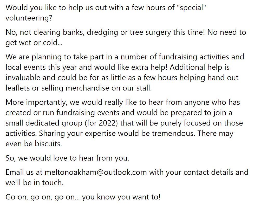 MOWS is looking for volunteers to help with fundraising in 2022!
#volunteer #fundraising #meltonandoakhamwaterwayssociety #mows #rivers #watetways #help