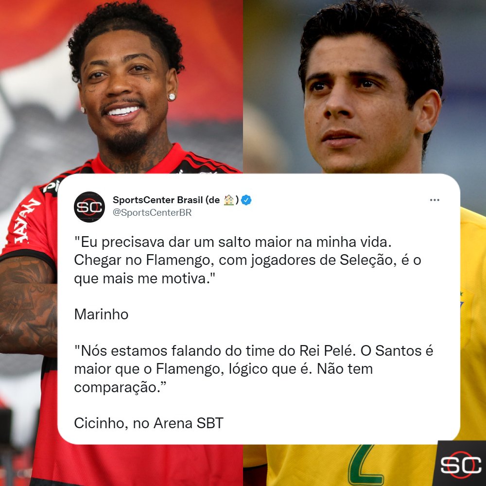SportsCenterBR's tweet photo. Após Marinho falar que 'precisava dar um salto maior na carreira’, Cicinho rebateu e afirmou que o Santos é maior que o Flamengo! Você concorda com quem, fã de esporte? #FutebolNaESPN https://t.co/8Tfzz5nSvq