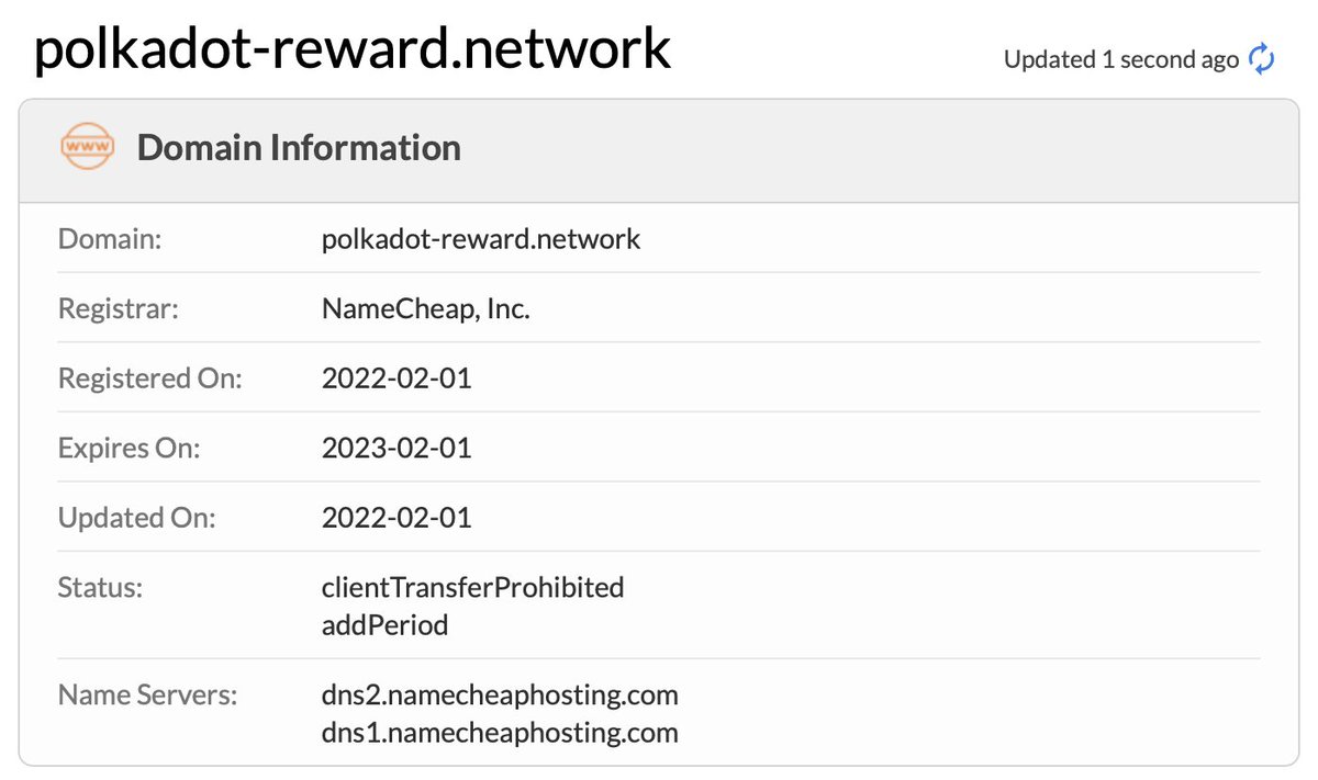 michalis_fr's tweet photo. Scam giveaway:
polkadot-reward[.]network

@Namecheap Please take it down. https://t.co/3ezi6lCcoi