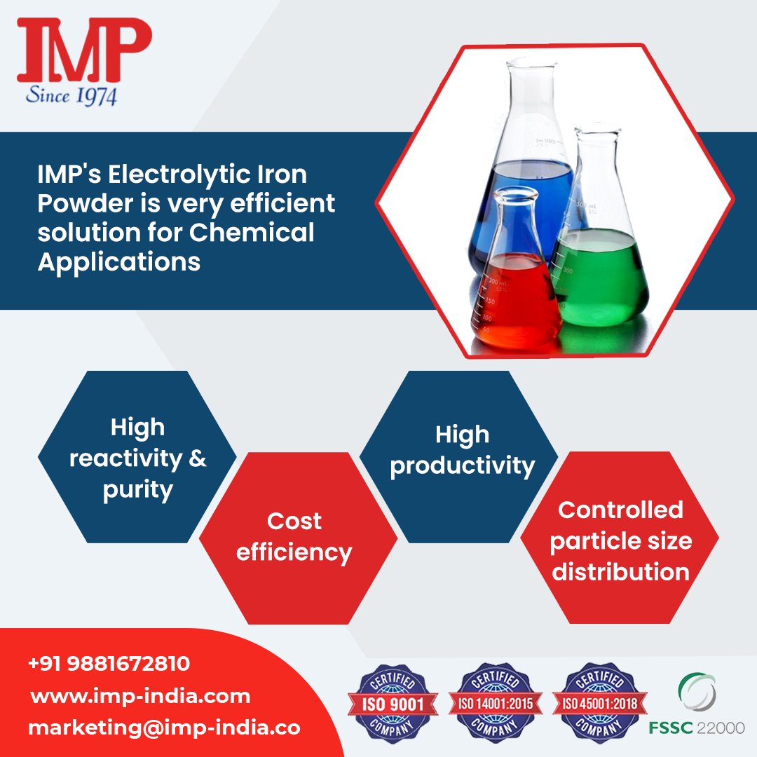 PowdersMetal's tweet image. IMP's Electrolytic Iron Powder is very efficient solution for Chemical Applications because of it's 
-High reactivity &amp;amp; purity 
-High productivity 

For more details call:+91 9881672810
imp-india.com

#IMP #HighPurityIronPowder #ElectrolyticIronPowders #ChemicalReagents