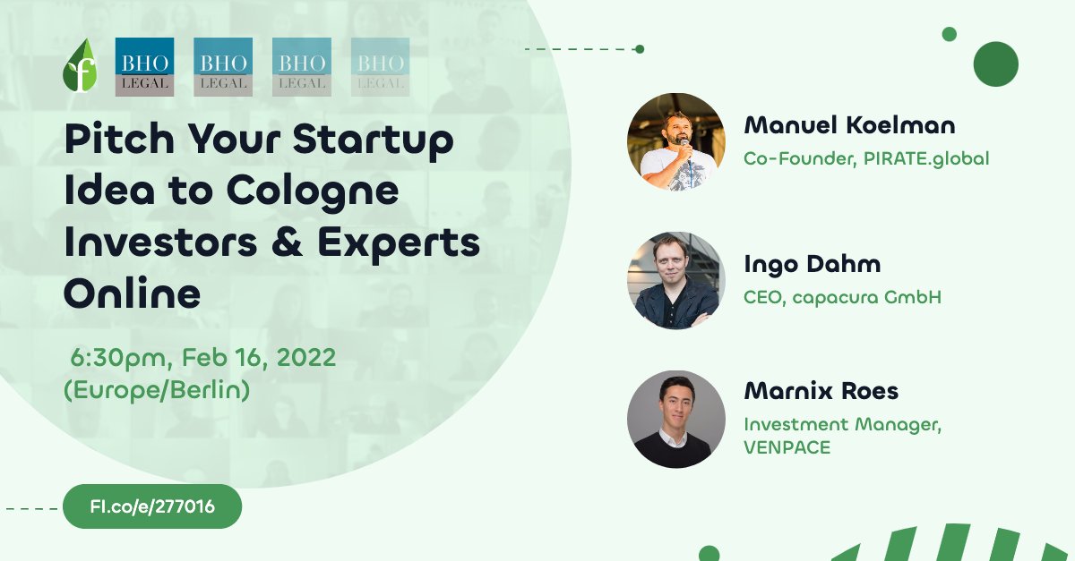 FIcologne's tweet photo. Pitch Your Startup Idea to Cologne Investors &amp; Experts Online - Feb 16, 6:30pm CET

🌱 Register to pitch or listen and learn at: https://t.co/5dTlqXicXL

@manuelkoelman @PIRATEglobal 
@IngoDahm @capacura1 
Marnix Roes @ VENPACE https://t.co/lTtUeaavMr