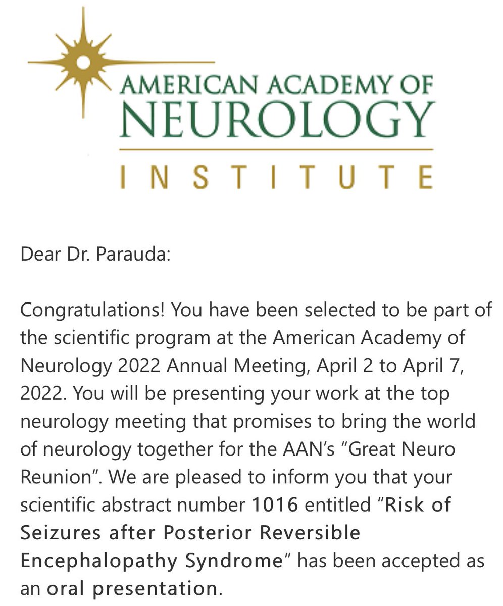 Exciting times ahead! I will be giving oral presentations at #ISC22 & #AANAM22 on the risks of #stroke and #seizure after #PRES. Many thanks to @NealSParikhMD @CenaiZhang @hoomankamel @san_murthy @merkler_alex @SetarehOmranMD @WCMCNeurology Dr. Schweitzer, Dr. Navi, & Dr. Seitz