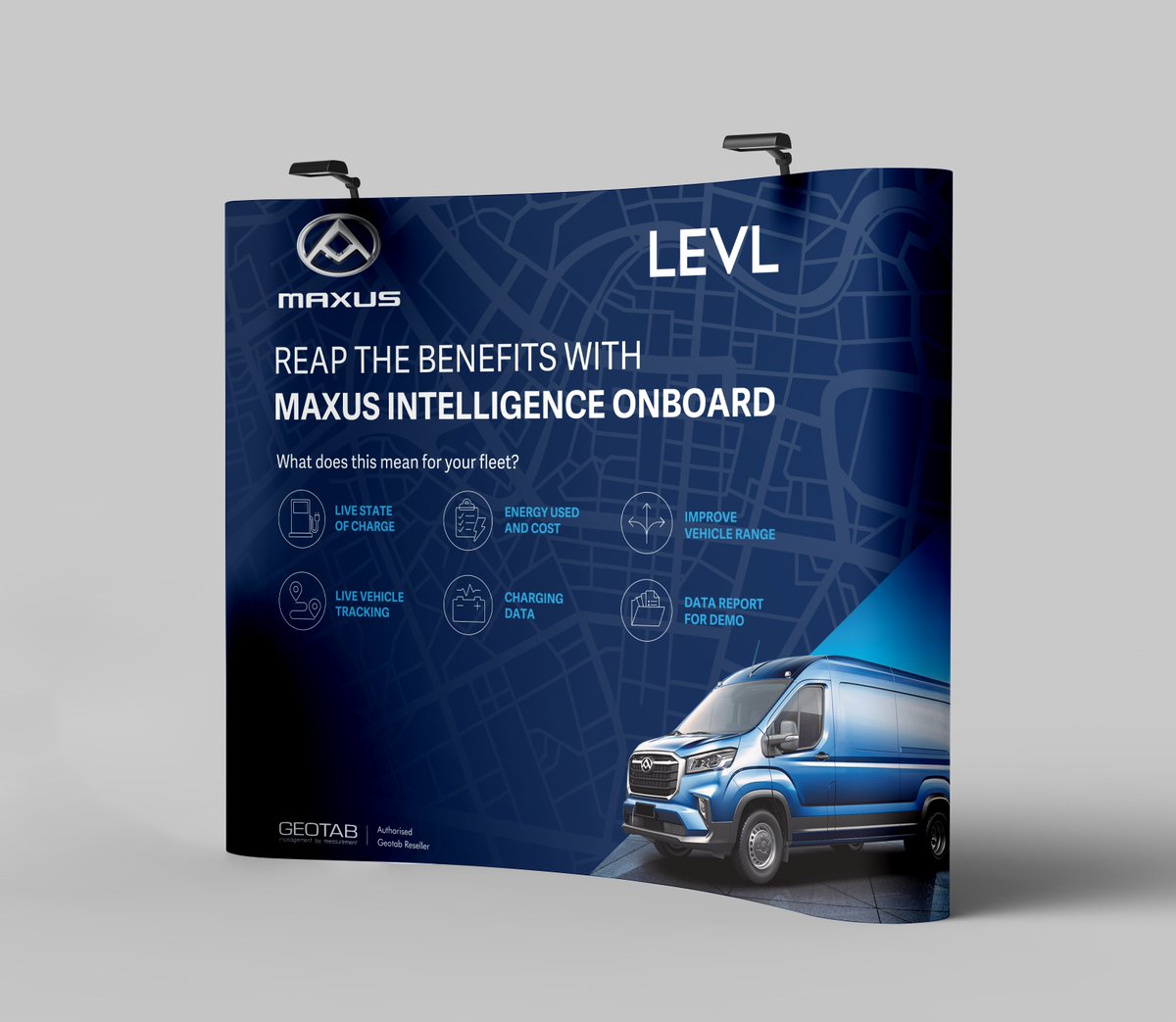 pdc_is's tweet photo. Reap the benefits with Maxus Intelligence Onboard

Curved #exhibition banner #design created for @LEVLTelematics &amp; @GEOTAB.

If you need design work creating for an upcoming #event, get in touch to see how we can help. https://t.co/SjnJTqAlMC