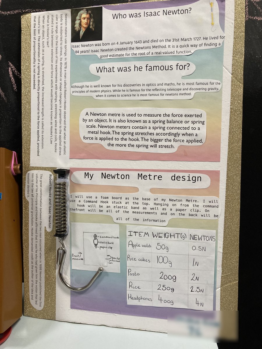 Two amazing bits of science homework from a Y7 student. The newton meter on the left has been calibrated. We've tested it and it works!