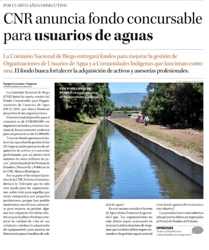 ➡️PRENSA🗞️| Hoy, la edición de <a href="/DiarioConce/">Diario Concepción</a> informa: <a href="/CNRCHILE/">Comisión Nacional de Riego Chile</a> anunció nueva edición de fondo concursable para Organizaciones de Usuarios de Aguas💧

📍Se busca fortalecer la adquisición de activos y asesorías profesionales en el Biobío👨‍🌾

Detalles⬇️
diarioconcepcion.cl/economia/2022/…
