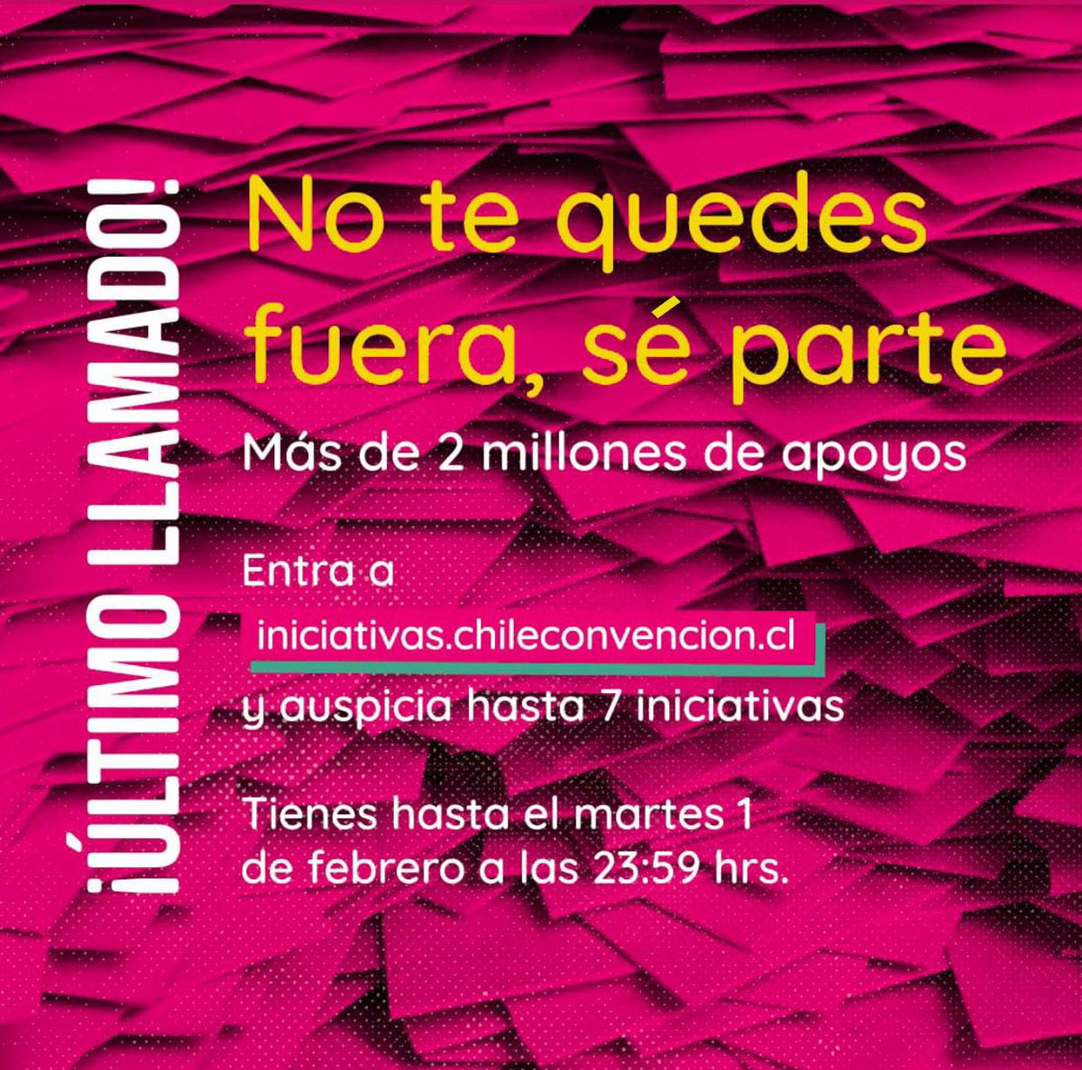 ¡ÚLTIMO DÍA! Hoy vence el plazo para patrocinar Iniciativas Populares de Norma. 👉 Ingresa a iniciativas.chileconvencion.cl y firma hasta por siete propuestas. 
Las normas que alcancen las 15 mil firmas serán discutidas en la #ConvenciónConstitucional 
 ¡Comparte! #FelizMartesATodos