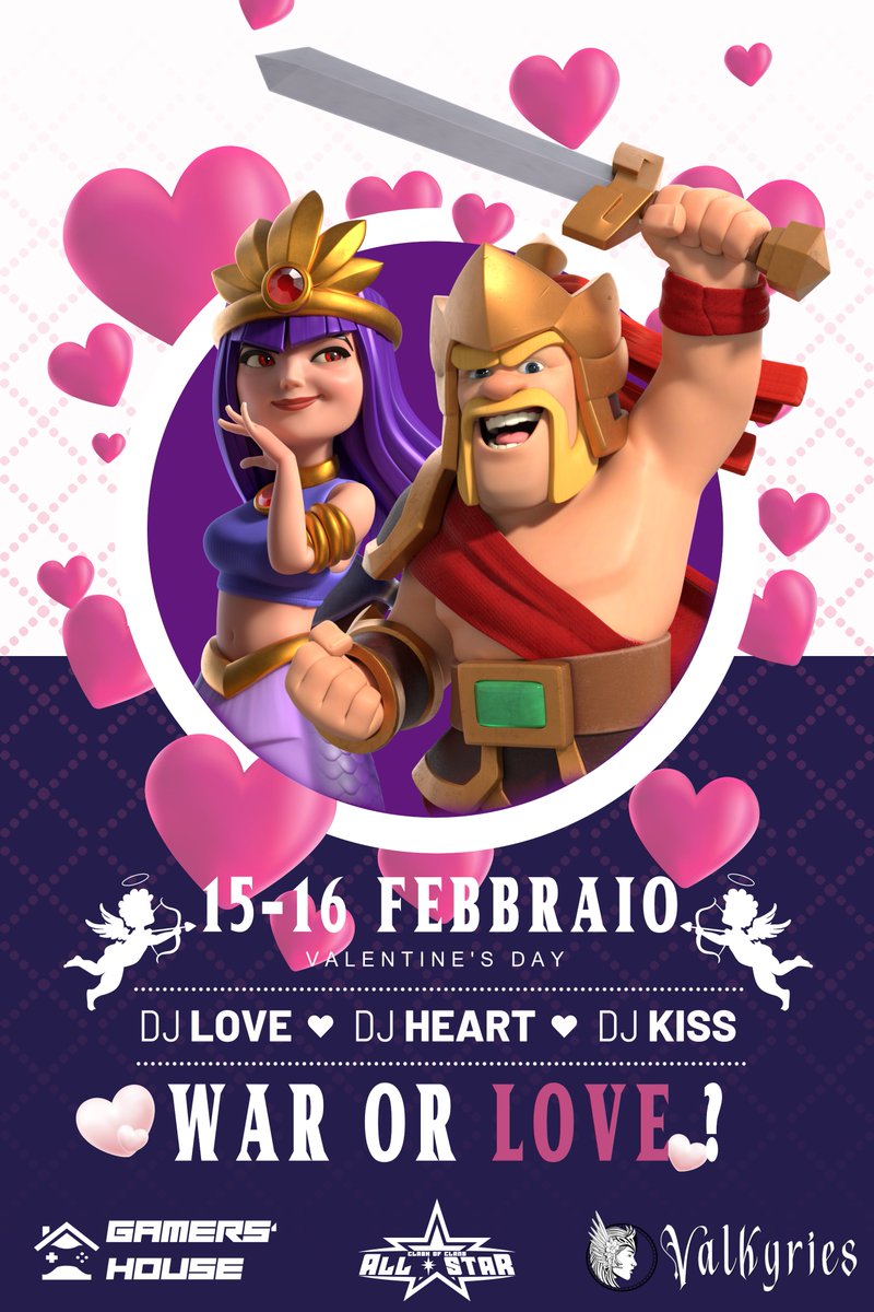 Clash of Clans All Star Community🌴 
&amp; Valkyries🏹insieme a Gamers' House
presentano 🎬

     ⚔️ WAR OR LOVE❤️?

15 e 16 Febbraio 2022
Stiamo cercando la coppia perfetta, giochiamo insieme?
Da soli si sta bene ma è meglio in due!
Iscriviti subito!
forms.gle/h2bJjpvsboZoHt…