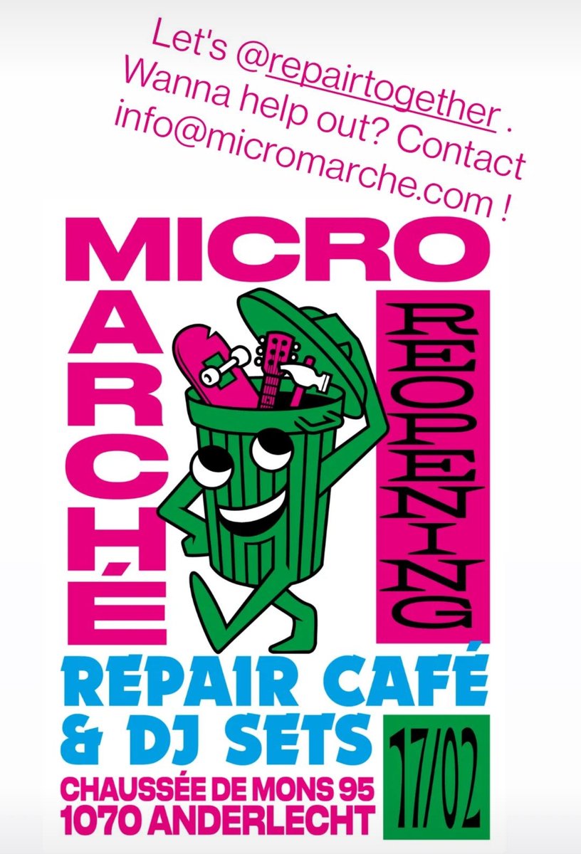 RepairTogether's tweet photo. 🗓🛠 Tu fais quoi le jeudi 17/02 ?
Viens (aider à) 🔧co-réparer 💃🏻en dansant🕺des objets kaput au Repair Café Anderbeek @micromarche #circularium
👇🏼
https://t.co/vriWqglXb6
🗓What are you doing on Thursday 17/02?
Come -help- co-repair dancingkaput items @ Repair Café Anderbeek https://t.co/Disp0FtTtI
