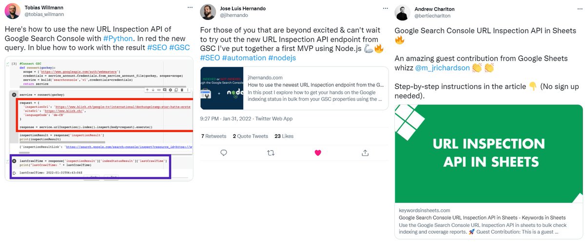 DataChaz's tweet image. I ♥️ our #SEO community!

The Search Console URL Inspection #API is already available in 3 flavours! 🙌

🐍 #Python  → 
(@tobias_willmann)

🦾 @nodejs  → 
(@jlhernando)

 💥 Google sheets → 
(@m_jrichardson)