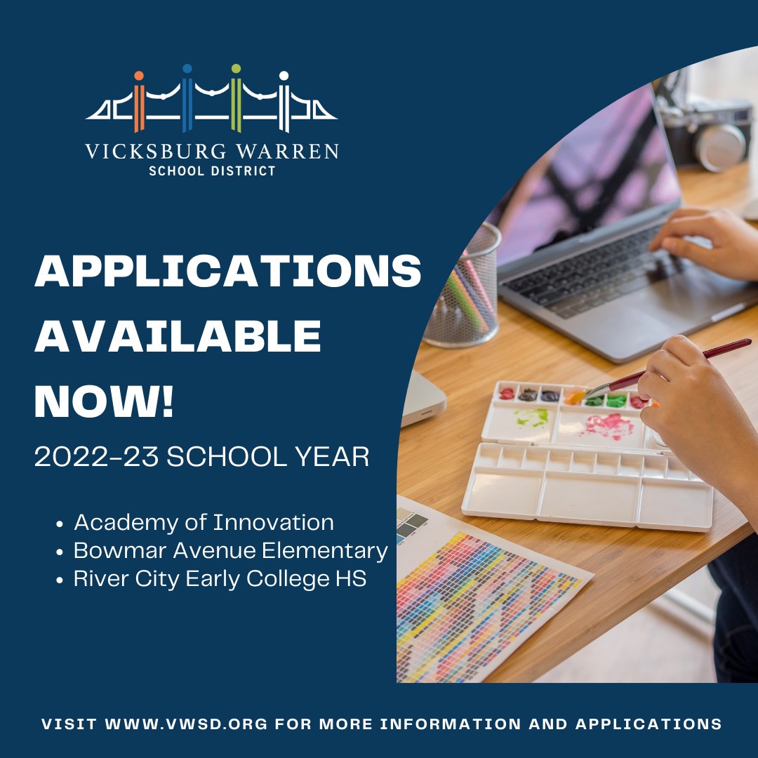 Applications  for the 2022-23 school year are open for Bowmar Avenue Elementary, Academy of Innovation and River City Early College High School. 
Find deadlines and links to applications on the homepage at vwsd.org
