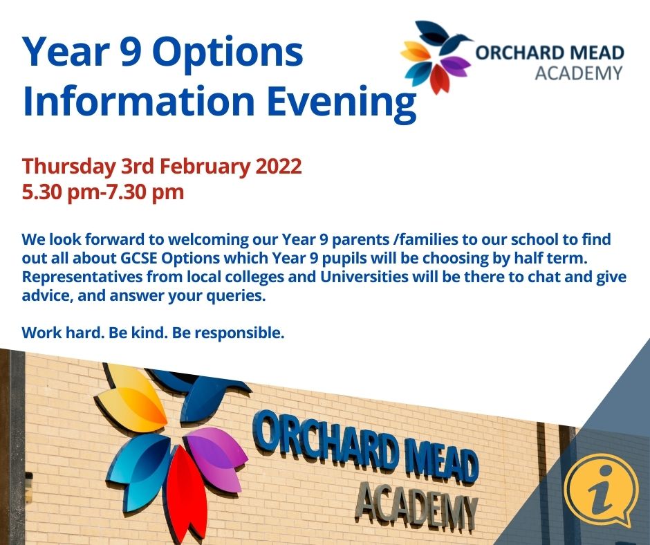 We look forward to seeing you and your child at our Options Information Evening on Thursday 3rd February.  Please feel free to pop in between 5:30-7:30pm